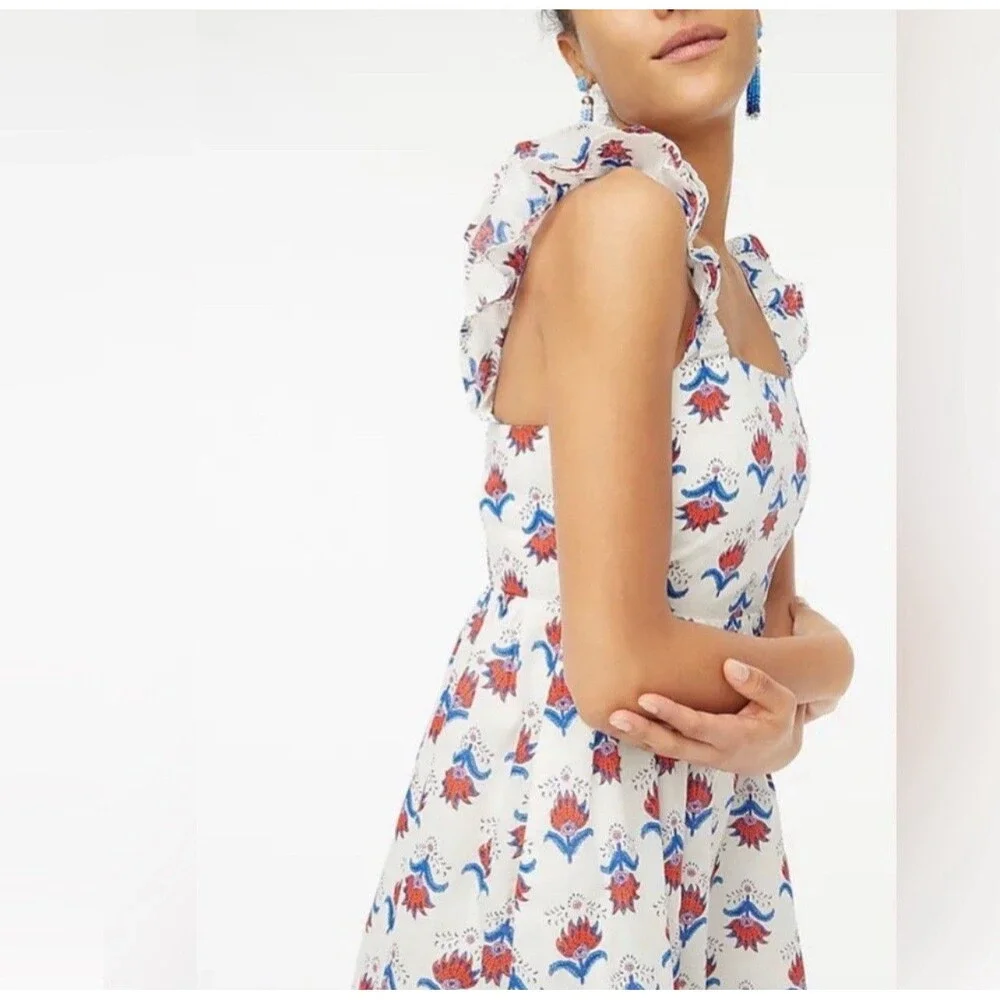 J.CREW‎ Midi Dress Size 14 White Floral Ruffle Sleeve Smocked Cotton Red Blue